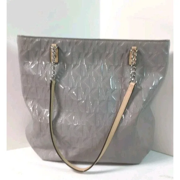 Michael Kors Ash Grey Purse Shoulder Bag Large Tote Tan Straps With Chains MK‎ - Picture 2 of 5